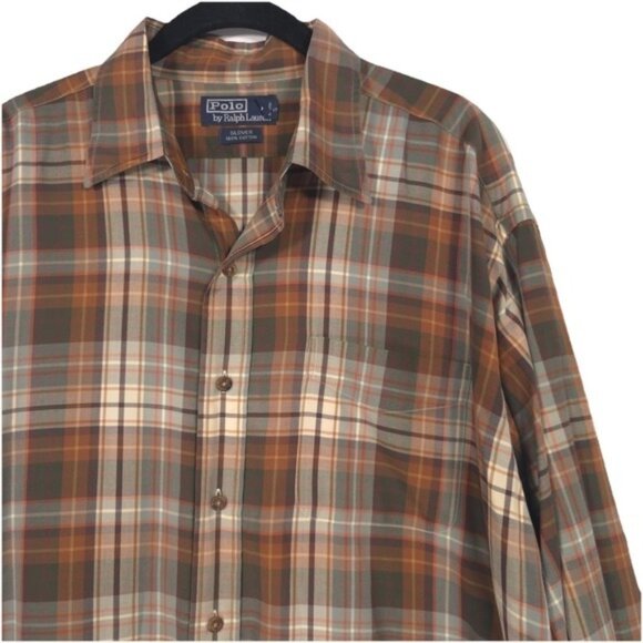 POLO RALPH LAUREN GLOVER Shirt Men's LARGE‎ Cotton Plaid Brown VTG USA🇺🇸MADE - Picture 1 of 10
